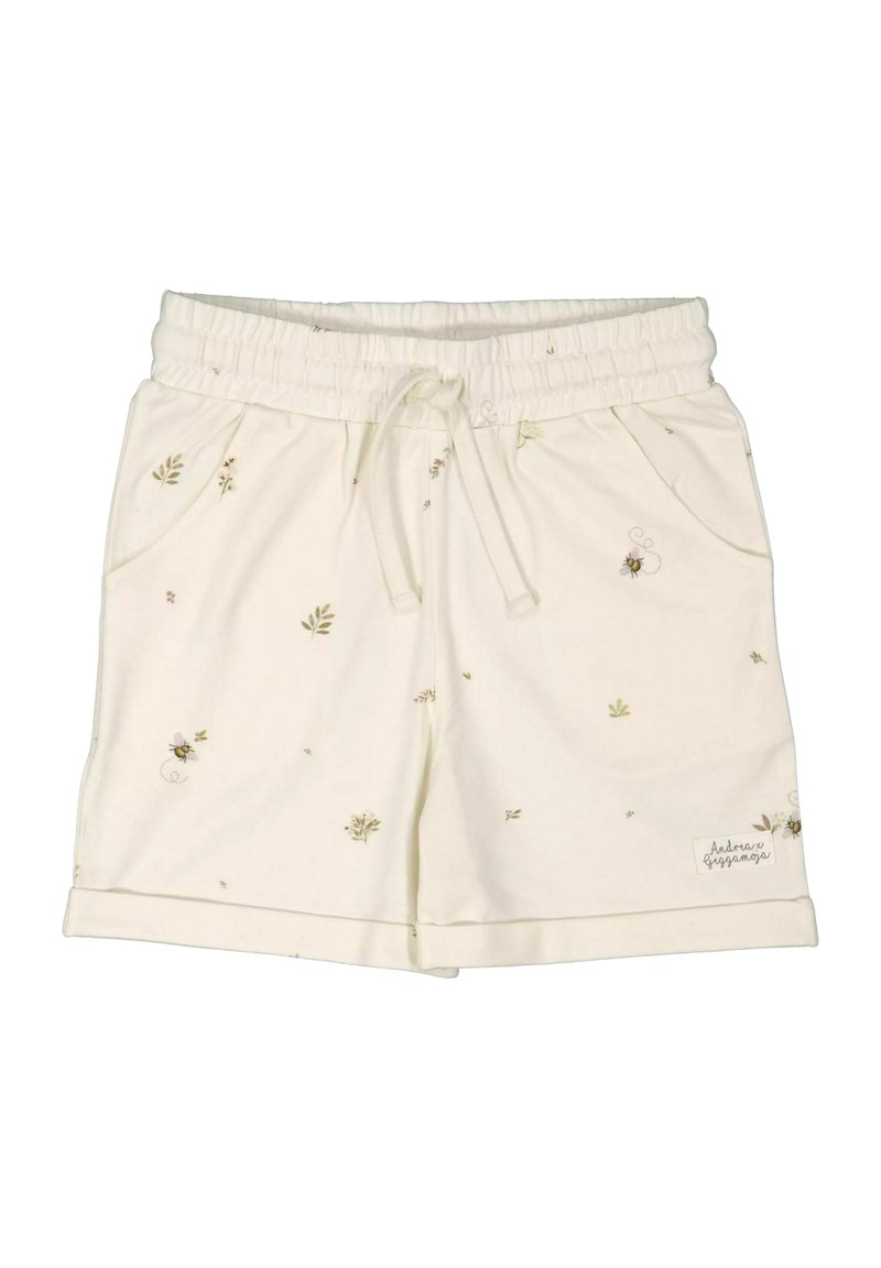 Vita bomullsshorts med elastisk midja och dragsko, med små gröna blommönster och bimotiv, samt sidofickor.
