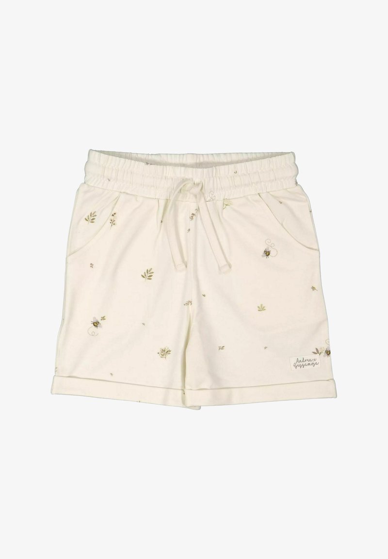 Hvide bomulds shorts med elastisk livrem og snor, med små grønne blomster mønstre og bi motiver, samt sidelommer.