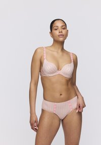 Laced pink bra and matching briefs with a checkered pattern, featuring floral accents on the straps and waistband, made of soft fabric.
