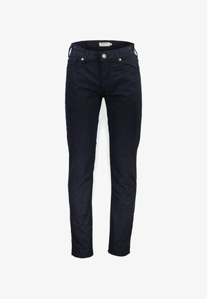 Granatowe, dopasowane dżinsy z bawełny, z pięcioma kieszeniami, z zamkiem błyskawicznym i zapięciem na guzik oraz minimalnymi detalami w szwach.