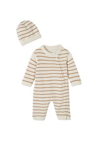 Knitted baby romper and matching hat in cream with light brown stripes. Features a round neck and a side snap closure for easy dressing.