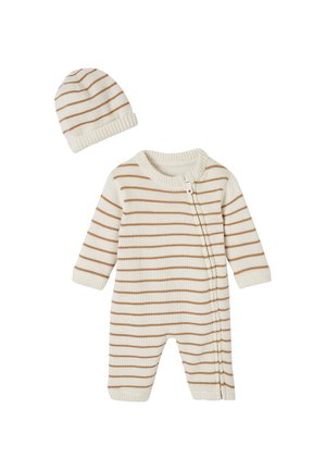 Strickoverall für Babys und passende Mütze in Creme mit hellbraunen Streifen. Mit rundem Halsausschnitt und seitlichem Druckknopfverschluss für ein einfaches Ankleiden.