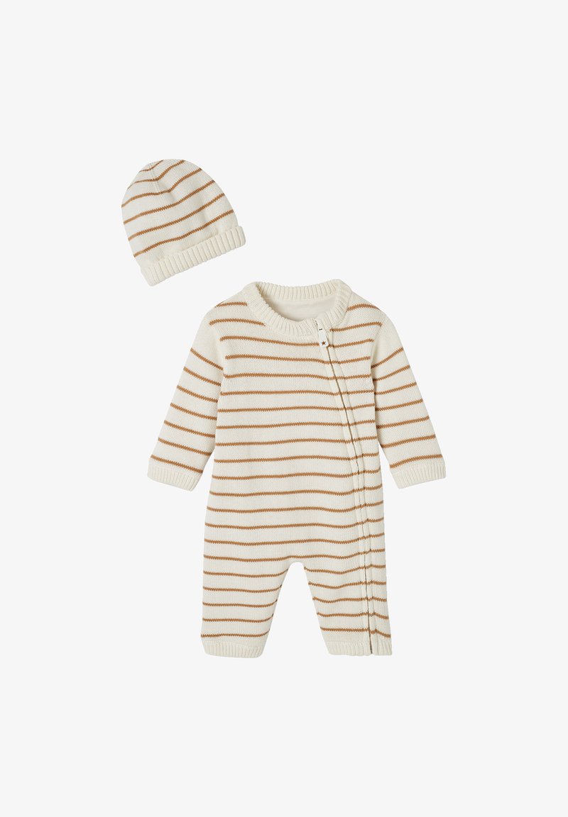 Knitted baby romper and matching hat in cream with light brown stripes. Features a round neck and a side snap closure for easy dressing.