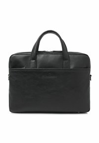 Zwarte leren aktetas met twee bovenhandvatten, een ritssluiting en een voorvak. Gestructureerde afwerking met logodetail aan de voorkant.