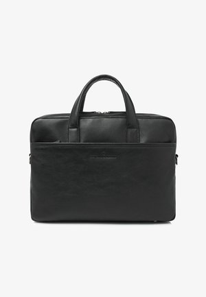 Schwarze Lederaktentasche mit zwei oberen Griffen, einem Reißverschluss und einer Fronttasche. Strukturierte Oberfläche mit Logodetail auf der Vorderseite.