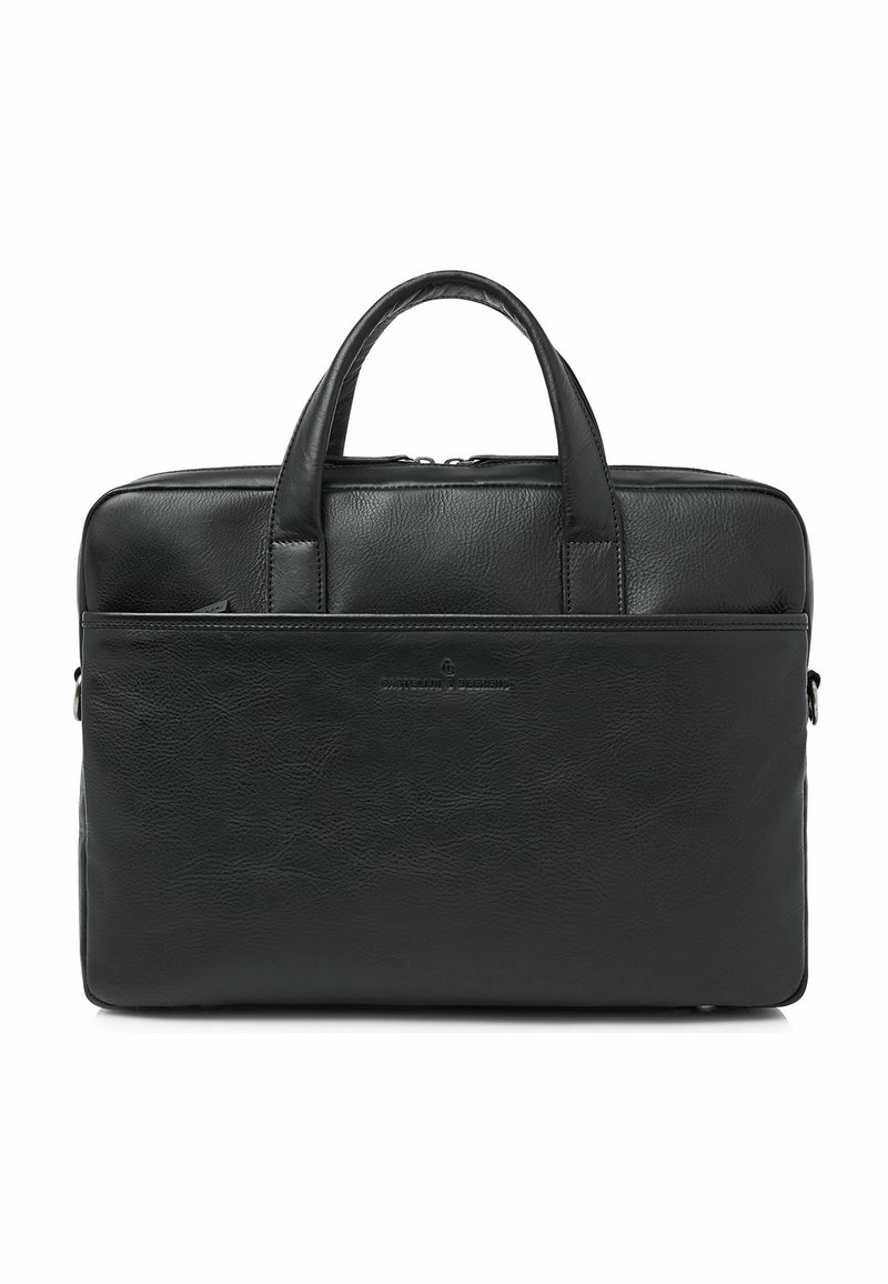 Zwarte leren aktetas met twee bovenhandvatten, een ritssluiting en een voorvak. Gestructureerde afwerking met logodetail aan de voorkant.