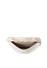 Borsa a tracolla in nylon bianco con chiusura a zip, texture morbida e dettagli con logo. L'interno presenta una fodera a fantasia con il nome del marchio ripetuto.