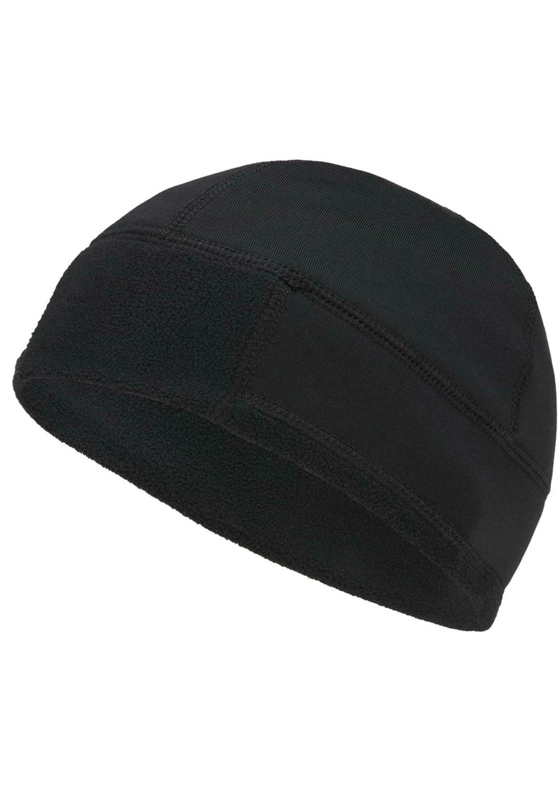 Beanie noir en polaire et en tissu lisse, offrant un ajustement snug avec des coutures piquées et un sommet arrondi pour la chaleur et le confort.