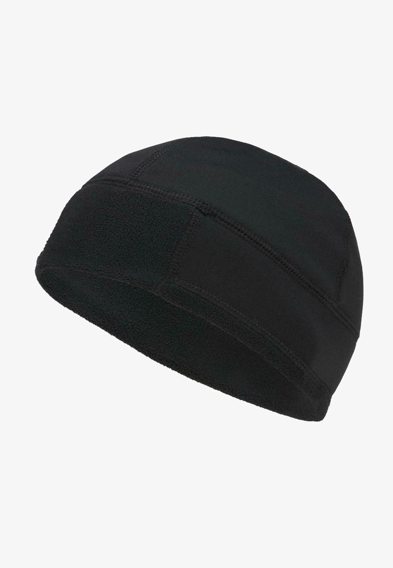 Beanie noir en polaire et en tissu lisse, offrant un ajustement snug avec des coutures piquées et un sommet arrondi pour la chaleur et le confort.