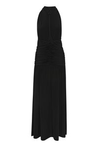 Μαύρο χωρίς μανίκια φόρεμα με λαιμόκοψη halter, που διαθέτει πτυχώσεις στη μέση και μια ρέουσα φούστα. Φτιαγμένο από μαλακό, λείο ύφασμα.