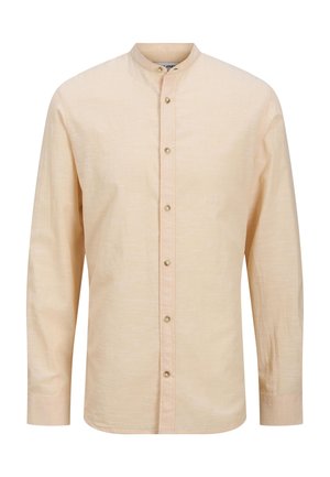 Camicia a maniche lunghe color pescato chiaro con colletto a bandiera, chiusura frontale con bottoni e un tessuto testurizzato. Presenta una sottile variazione di colore.