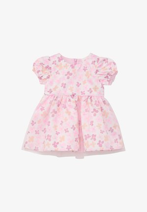 Blumenkleid in Pastellrosa, mit Puffärmeln, einem taillierten Oberteil und einem gestuften Rock mit einem Tüllüberzug. Mit Reißverschluss hinten.