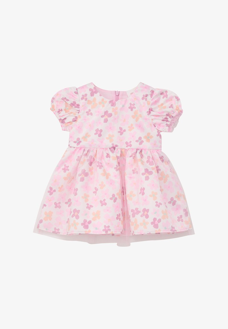 Robe florale en rose pastel, avec des manches bouffantes, un corsage ajusté et une jupe à couches avec un dessus en tulle. Fermeture éclair au dos.