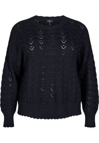 Schwarzer Strickpullover mit rundem Halsausschnitt, langen Ärmeln, gewelltem Saum und einem strukturierten Rautenmuster im gesamten Stoff.