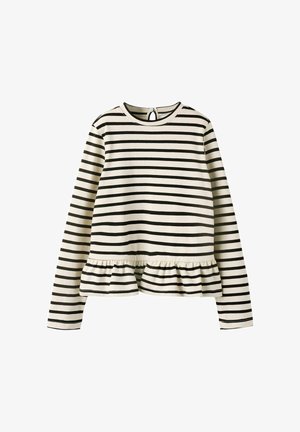 Černobílé pruhované tričko s dlouhým rukávem, kulatým výstřihem a volánkovým lemem, zapínání na knoflíky na zadním výstřihu.