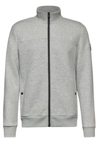 Grey zip-up jacket made from textured fabric, featuring a stand-up collar, black zipper, and side pockets with button accents.