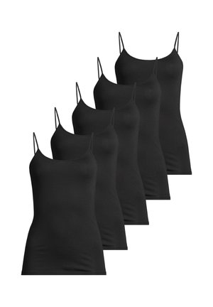 Fem sorte ærmeløse camisoletoppe med tynde stropper arrangeret i en trappetrinsrække mod en hvid baggrund.
