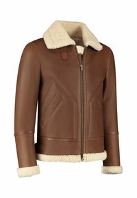 Braune Lederjacke mit einem cremefarbenen Schafsfellkragen und -manschetten, ausgestattet mit einem Reißverschluss vorne und diagonalen Taschen. Glatte Textur und taillierte Passform.