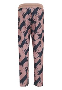 Rosa och marinblå mönstrade byxor i mjukt material, med avsmalnande ben och resår i midjan för komfort.