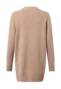 Beiger Cardigan mit strukturiertem Strick, ausgestattet mit einem Schal-Kragen sowie gerippten Manschetten und Saum. Entworfen mit einer lockeren Passform für zusätzlichen Komfort.