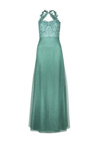 Długa turkusowa sukienka z koronkowym topem, na szyi halter oraz zwiewnym, przezroczystym dołem. Materiał wydaje się lekki z subtelną teksturą.