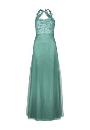 Lange teal jurk met een kanten lijfje, halternek en een vloeiende doorzichtige rok. Het materiaal lijkt licht van gewicht met een subtiele textuur.