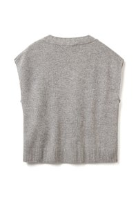 Grijze gebreide mouwloze top met een ronde halslijn, geribbelde zoom en een gladde textuur, met een oversized pasvorm en minimale naden.