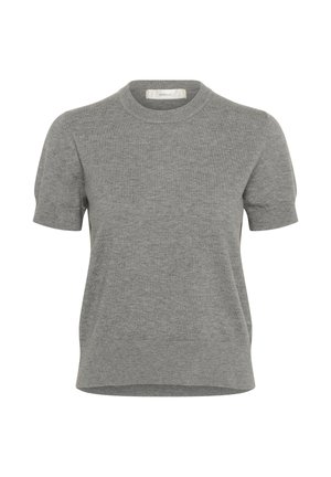 Pull en boîte gris à manches courtes avec col rond et poignets côtelés, design simple et coupe légèrement ample.