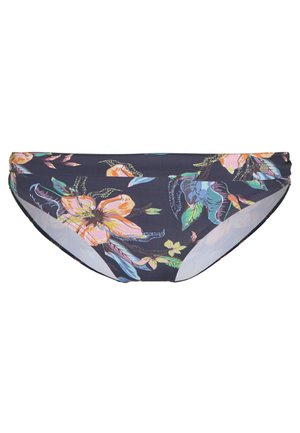 Blumiger Bikini-Höschen mit einem dunklen Marineblau als Grundfarbe, lebhaften Blumen- und Blattmustern, weichem Stoff und einem gerafften Taillenbund für zusätzlichen Komfort.