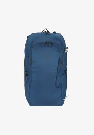 Navy blue backpack made of durable fabric, featuring multiple zippered pockets, adjustable straps, and modern design with streamlined shape.