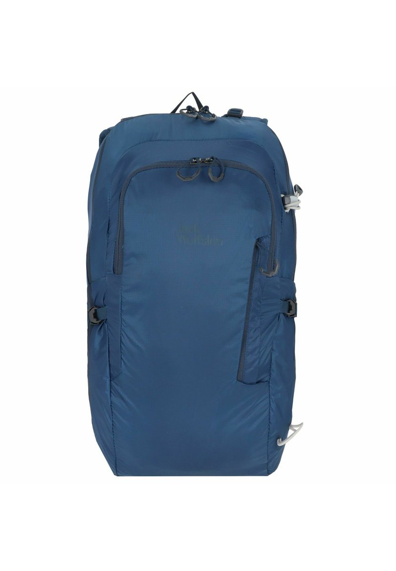 Zaino blu navy realizzato in tessuto resistente, con molteplici tasche con cerniera, spallacci regolabili e design moderno con forma affusolata.