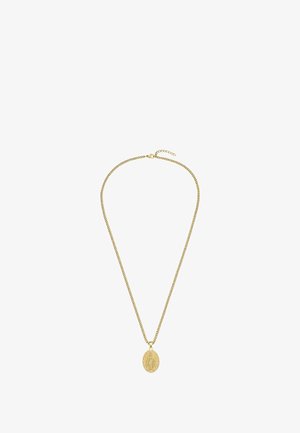 Guldkæde med en oval vedhæng med intrikate detaljer. Kæden har en tekstureret finish og justerbar længde med lås.