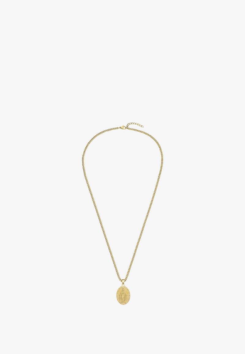 Guldkæde med en oval vedhæng med intrikate detaljer. Kæden har en tekstureret finish og justerbar længde med lås.