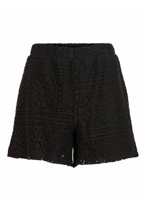 Pantaloncini neri in pizzo all'uncinetto con motivi floreali e geometrici, cintura elastica e apertura della gamba leggermente svasata.