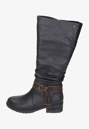 Knöchelhohe, navyfarbene Lederstiefel mit lässigem Design, braunem Gürtel-Akzent um den Knöchel, klobigem Absatz und strukturiertem Finish.
