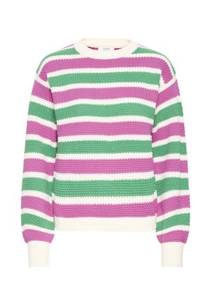 Jersey de punto con rayas horizontales en púrpura, verde y blanco, con cuello redondo y puños y bajo acanalados.