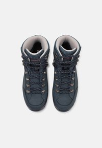 Dark blue hiking boots with leather upper, gray interior padding, and multi-colored laces. Features metal eyelets and a textured sole.