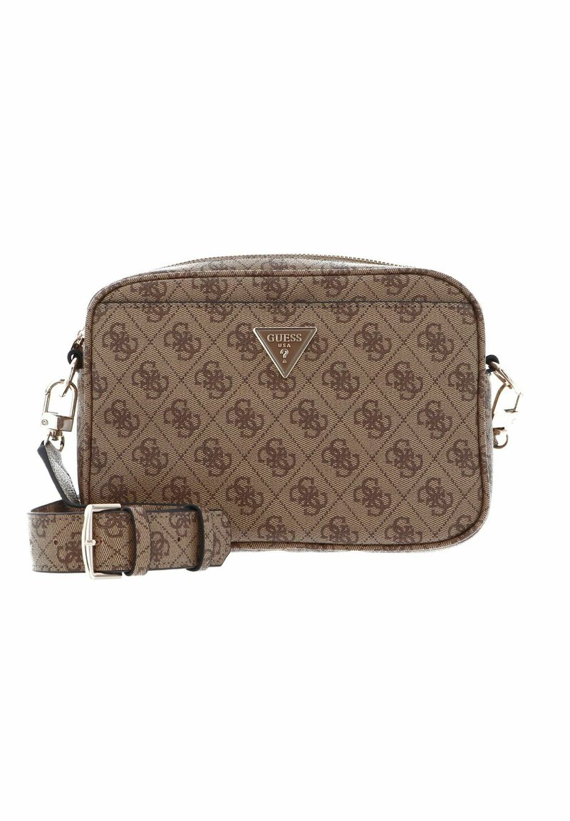 Borsa a tracolla marrone con motivo, caratterizzata da un logo triangolare, hardware dorato e tracolla regolabile con finitura testurizzata.