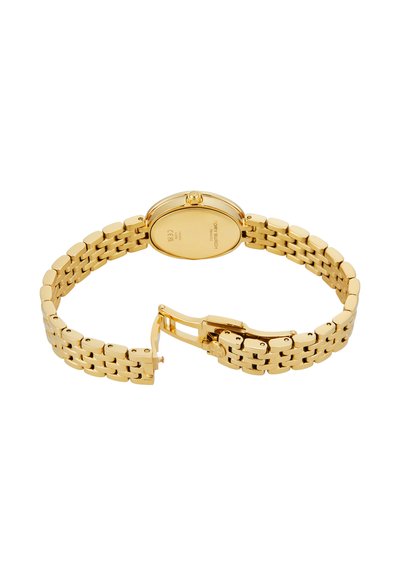 Gold-tone linked metal bracelet watch with oval face, opened clasp, and engraved brand details on the back of the case.