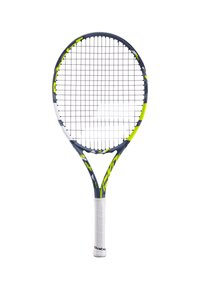 Tennisschläger mit rundem Kopf, marineblauen und limonengrünen Akzenten, weißem Griff und strukturiertem Handgriff. Hergestellt aus leichten Materialien mit einem Schnurdesign.