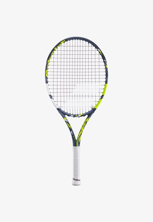 Tennis racket with a round head, navy and lime green accents, white grip, and a textured handle. Made of lightweight materials, featuring a string design.
