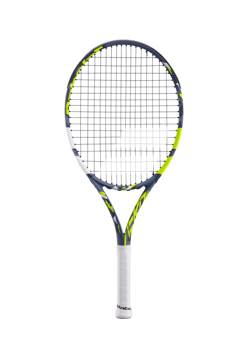 Tennisschläger mit rundem Kopf, marineblauen und limonengrünen Akzenten, weißem Griff und strukturiertem Handgriff. Hergestellt aus leichten Materialien mit einem Schnurdesign.