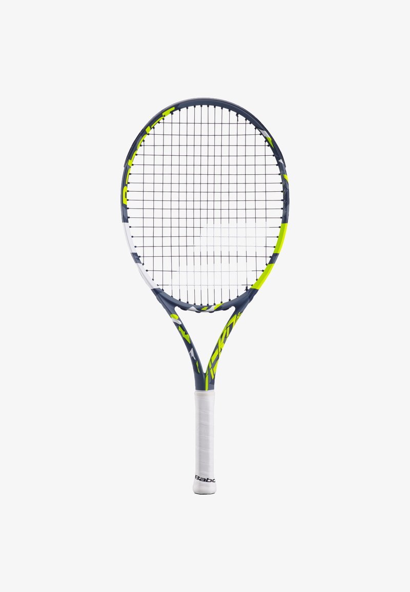 Tennisschläger mit rundem Kopf, marineblauen und limonengrünen Akzenten, weißem Griff und strukturiertem Handgriff. Hergestellt aus leichten Materialien mit einem Schnurdesign.