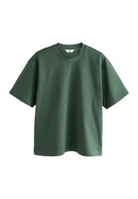 Tricou scurt cu mânecă, de culoare verde, fabricat din bumbac. Are un decolteu rotund, o croială lejeră și o textură netedă, fără modele sau accente.