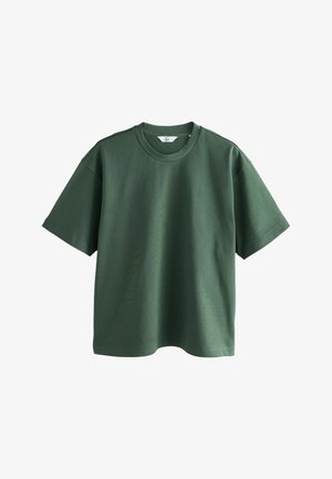 Grünes Baumwoll-T-Shirt mit kurzen Ärmeln, Rundhalsausschnitt, lockerem Schnitt und glatter Textur; keine sichtbaren Muster oder Akzente.