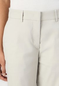 Lys grå, glatte bukser laget av stoff med flat front, skreddersydd liv og subtile sidelommer. Minimalistisk design uten synlig maskinvare.