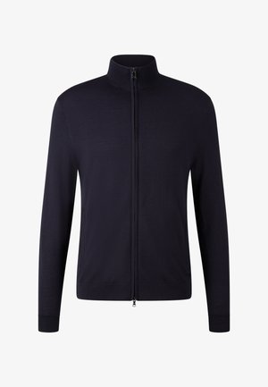 Marineblaue Langarm-Cardigan mit vollem Reißverschluss, hohem Kragen und gerippten Bündchen, auf einem weißen Hintergrund präsentiert.