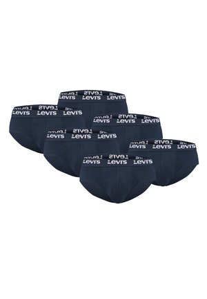 Sechs schwarze Levi's Slips, in zwei Reihen angeordnet, mit weißem Logo auf den elastischen Bundsäumen vor weißem Hintergrund.