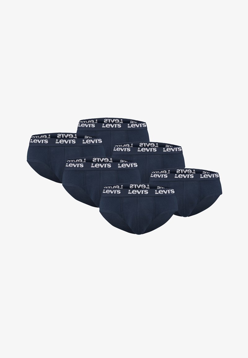 Sechs schwarze Levi's Slips, in zwei Reihen angeordnet, mit weißem Logo auf den elastischen Bundsäumen vor weißem Hintergrund.