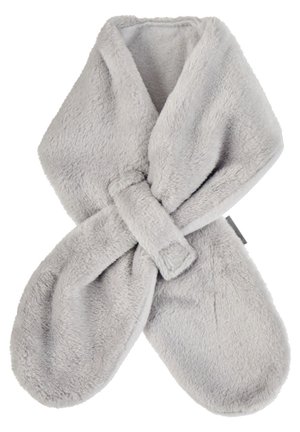 Grey faux fur neck wrap with a tie closure, featuring a soft texture and an enveloping design for warmth.